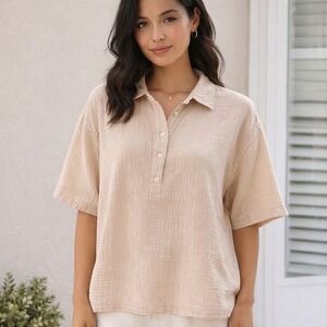 Magaschoni Organic Cotton Crinkle Gauze Top Cream Short Sleeve Minimalist - M